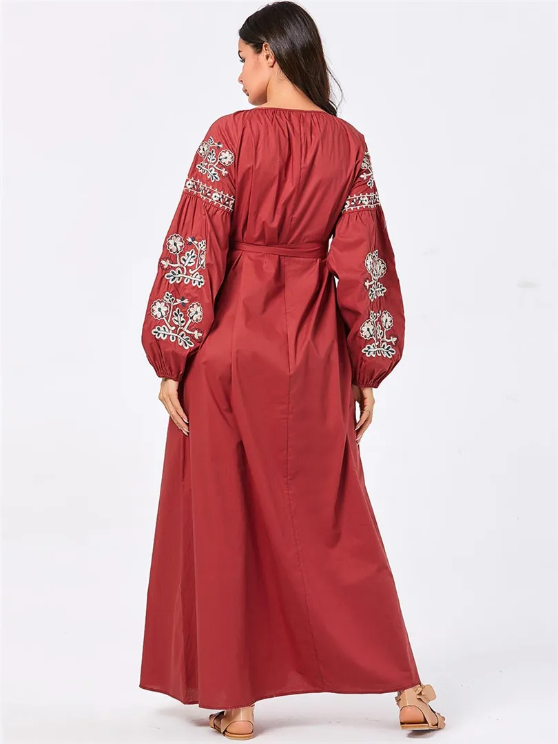 Абайя, мусульманское платье, повседневное, красное, длинное платье, Осень-зима, женское, рукав-фонарик, Цветочная вышивка, этническое платье размера плюс