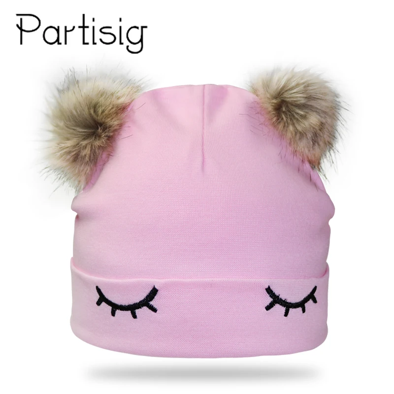 

Baby Cap Eye Embroidery Double Pompom Hat For Girls Winter Hat Kids Cotton Bonnet Baby Hat