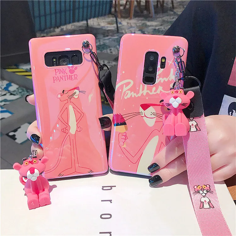 

Blu Ray Cartoon Cute Pink Panther case For Samsung Galaxy S8 S9 S10 Plus Note 8 Note 9 Mirror IMD Phone Soft Cover doll rope