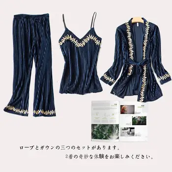 

Winter Sexy Pajamas Set Women Sleepwear Sexy Nighty For Bride Robe Red Bathrobe Velvet Floral 3 Pieces Set Stripe Lounge Wear