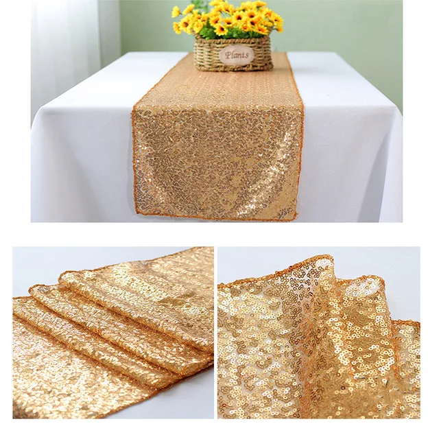 2 Runner Da Tavola Con Paillettes Oro - Decorazione Per Matrimoni E Feste