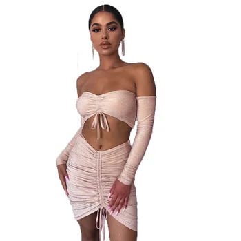 

NORMOV Sexy Dew Shoulder Long Sleeves Suit Women Silver Silk Strapless Drawstring Shiny Two-Piece Set Female Pack Hip Slim Suit