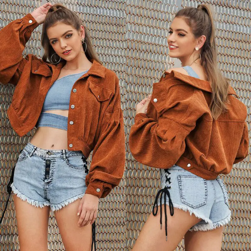 awesome Women Corduroy Short Jacket Button Pocket Crop Coat Long Puff Sleeve OutWear Cool Top