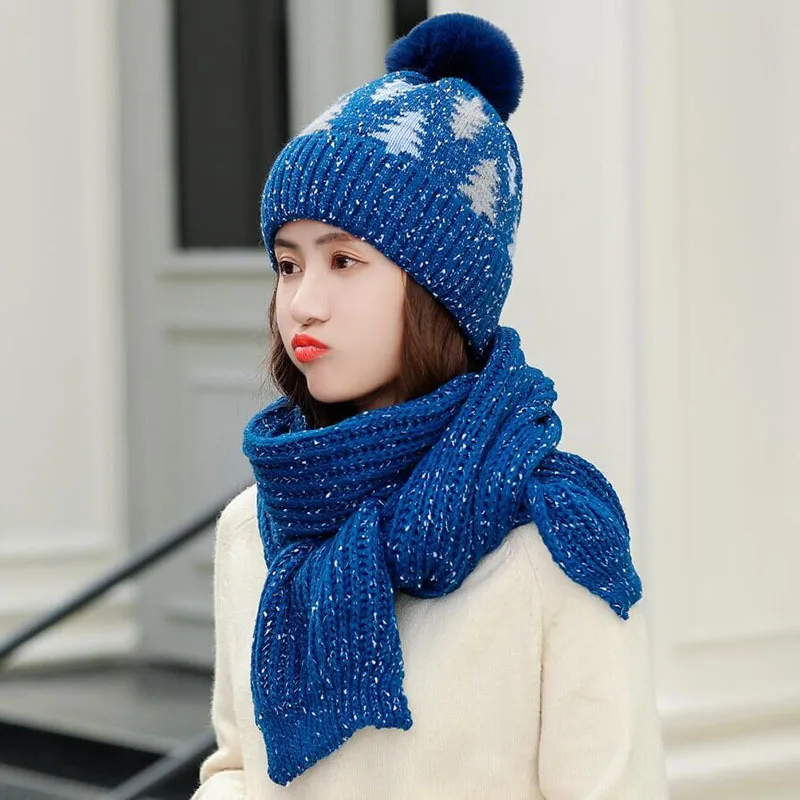 Шикарный теплый комплект, Женская Корейская вязаная шапка, шарф, 2 шт., рождественские милые шапочки с помпоном, шаль, Рождественская Милая вязаная Толстая повязка на голову SH118