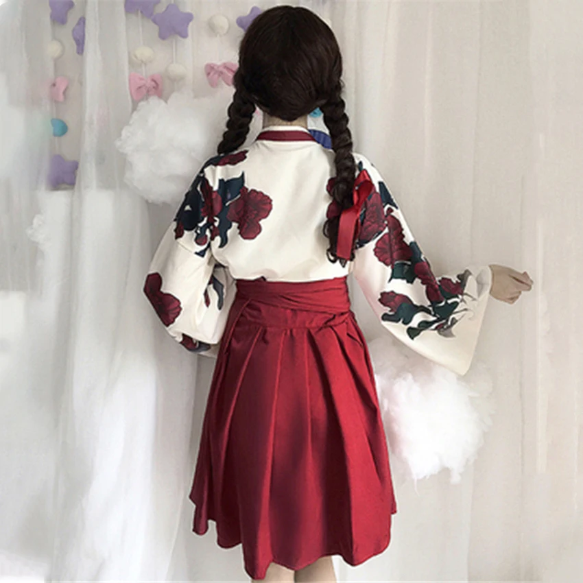Кимоно в японском стиле для женщин, Taisho Girl Haori, модный топ с цветочным принтом и юбки, наряды, азиатская одежда, Camellia love
