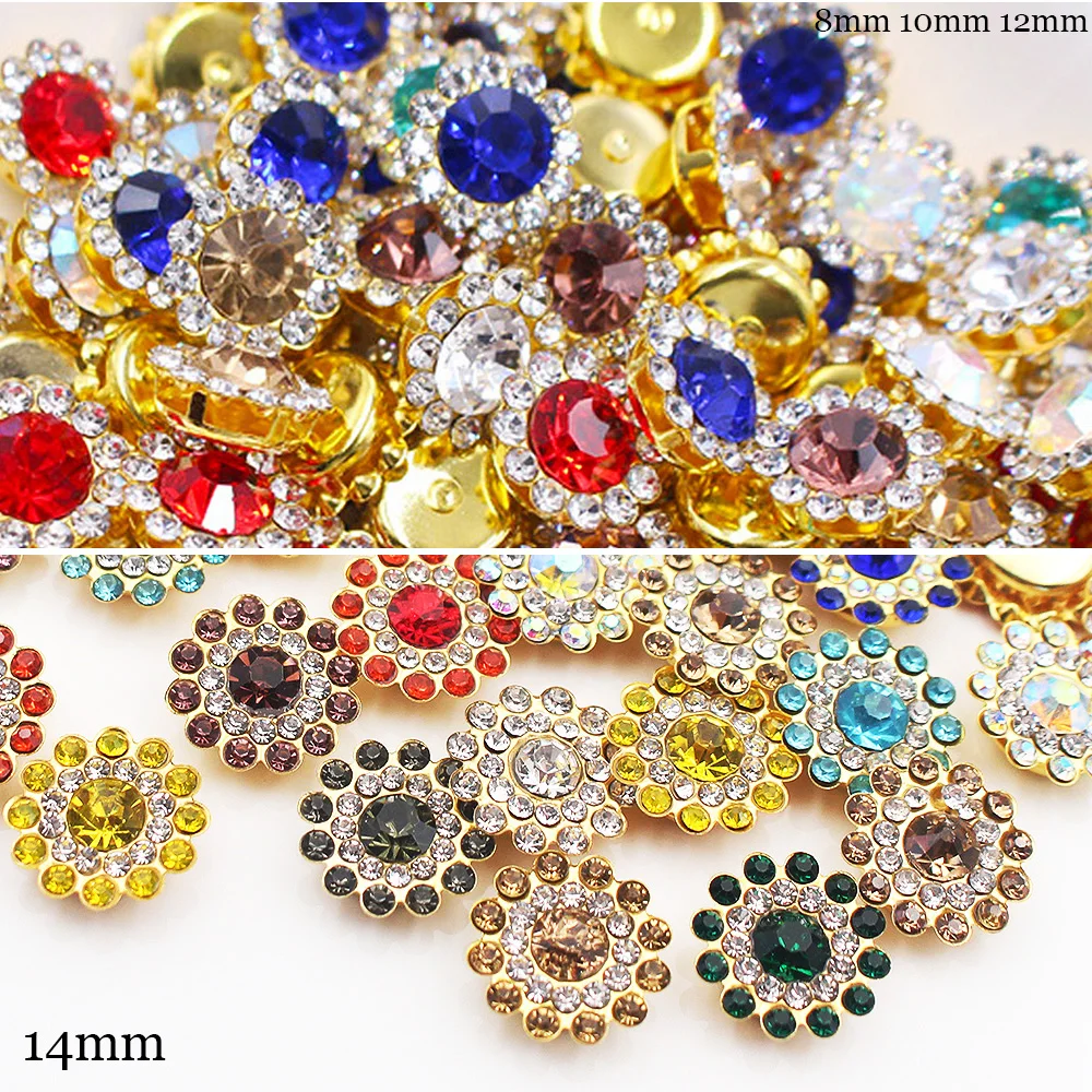 8mm-14mm Sun Flower Lace Claw Rhinestones Gold Cup Base Glitter Crystals Stones Sewing Rhinestones for Needlework Glass Button