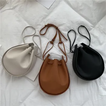 

Women Shoulder Bag Solid Color Vintage 2020 Fashion Retro Elegant Ladies Messenger Bucket PU Material Casual Female Handbag