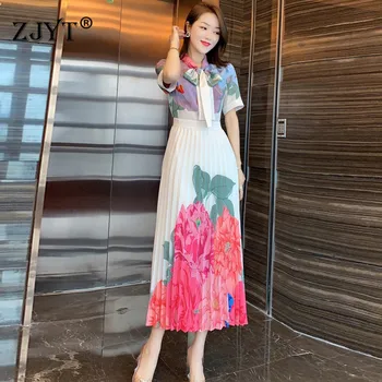 

2020 New Summer Designer Runway Dress Women High Quality Elegant Bow Collar Short Sleeve Floral Print Midi Pleated Sweet Dress