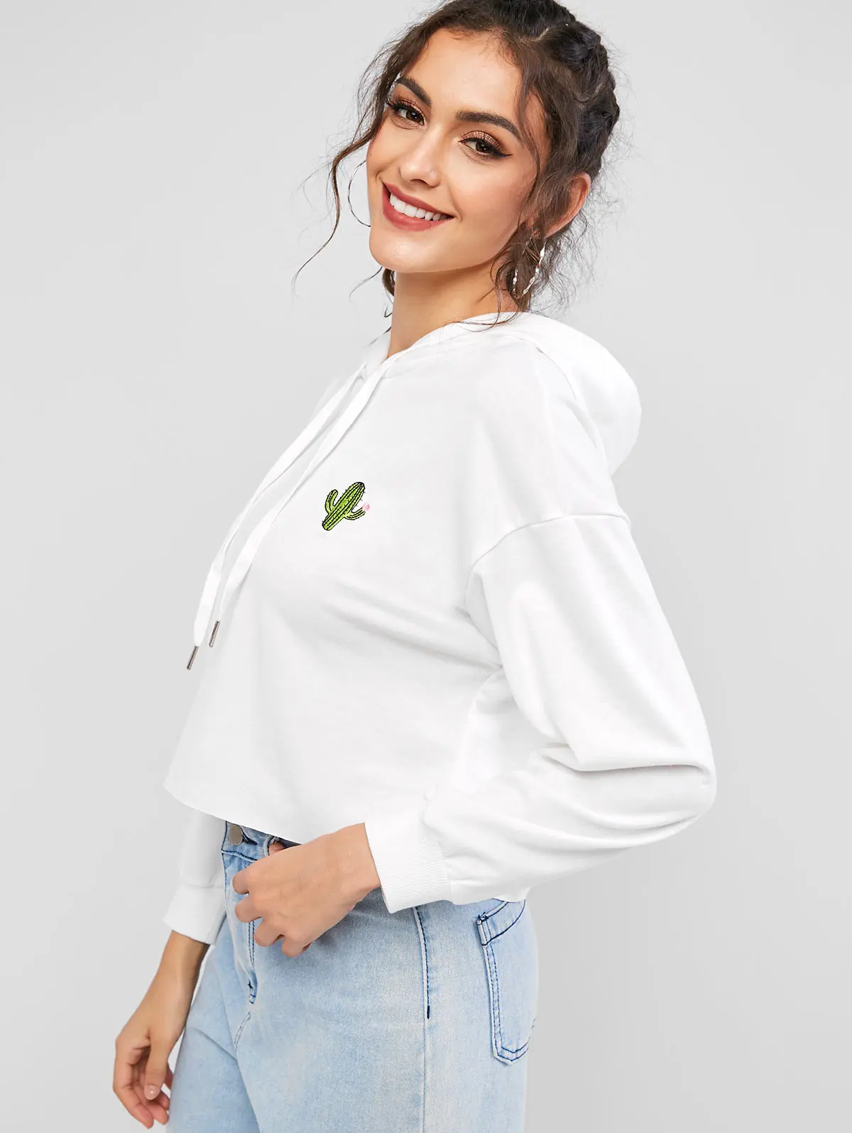 ZAFUL кактус с вышивкой сырой огранки с заниженным плечом с капюшоном женские белые Пуловеры Весна Осень Женская толстовка с капюшоном с длинным рукавом