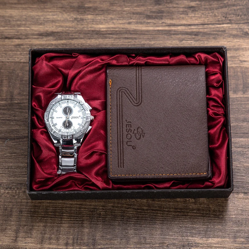 Мужские часы со стальным ремешком, кварцевые наручные часы со складным кожаным кошельком, подарочные наборы для мужчин, подарок на день Святого Валентина