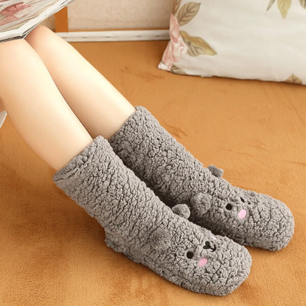 Женские теплые однотонные домашние носки-тапочки с принтом носков в виде животных из мультфильма kawaii женские зимние утепленные носки sokken Mujer