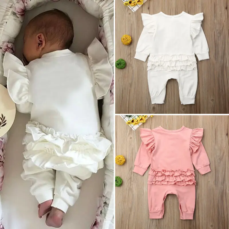 Зимняя теплая хлопковая однотонная Одежда для новорожденных девочек, комбинезон с длинными рукавами и оборками, 0-18 месяцев