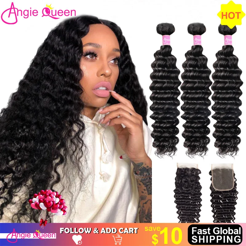 ANGIE QUEEN Deep Wave Human Hair Bundles With Lace Closure 4x4 Brazilian Remy Hair Natural Color Wet & Wavy Bundles With Closure