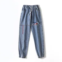 Harajuku деним, джинсы для женщин повседневные эластичные талии свободные лучи ноги шаровары брюки вышивка девять джинсы