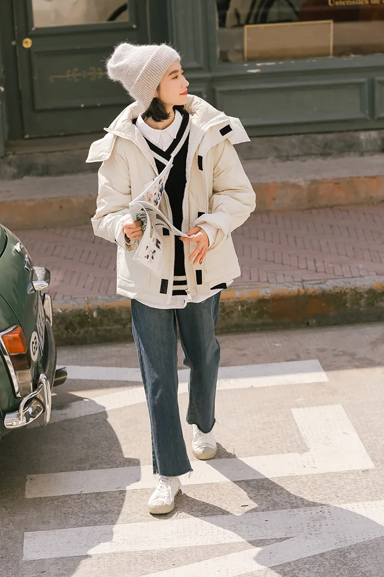 Хлопковое Женское пальто, осень и зима, стиль, японский стиль, простое, на липучке, с капюшоном, с хлопковой подкладкой, одежда для работы, пальто Ver
