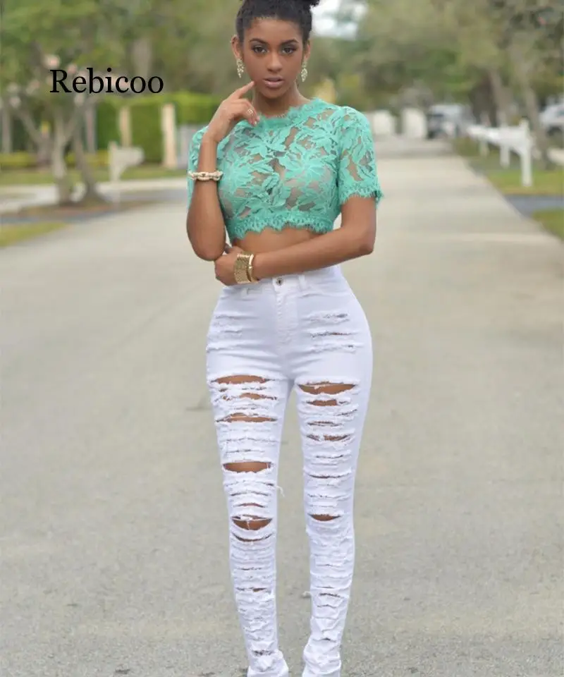 

New Designer Denim Women High Waist Ripped Jeans for Women Skinny Black White Jeans Woman Elastic Slim Jean Female Femme
