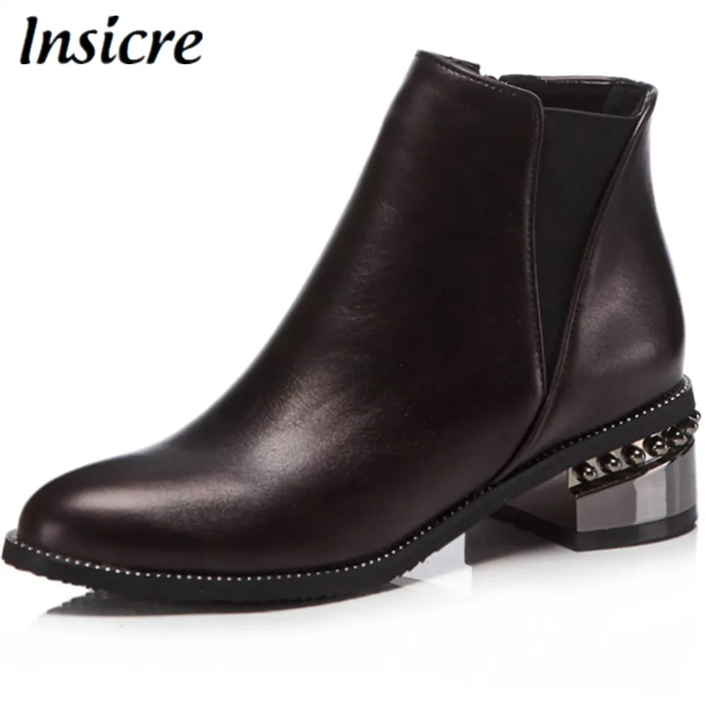 

Insicre Women Boots Fashion Buckle Pointed Toe Square Heel Ankle Boots Patchwork Metal Decoration Elastic Band Large size 34-48