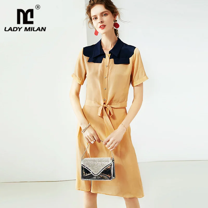 

100% Silk Women's Twinsets Turn Down Collar Short Sleeves Bow Detailing Shirts with Skirts Two Piece Dresses Sets