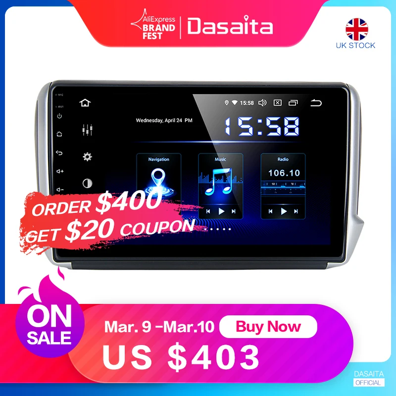 

Dasaita 10.2" IPS Car Android 9.0 Multimedia Player for Peugeot 2008 208 2012 2013 2014 2015 2016 GPS Navigation DSP MAX6