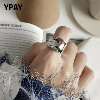 

YPAY Authentic 925 Sterling Silver Open Rings for Women Korean INS Irregular Smooth Wide Finger Ring Bague Fine Jewelry YMR842