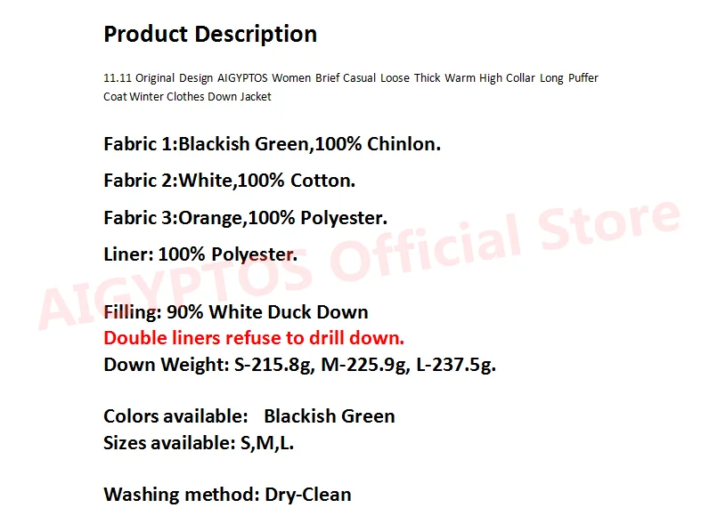 11.11Original Design AIGYPTOS Women Brief Casual Loose Thick Warm High Collar Long Puffer Coat Winter Clothes Down Jacket