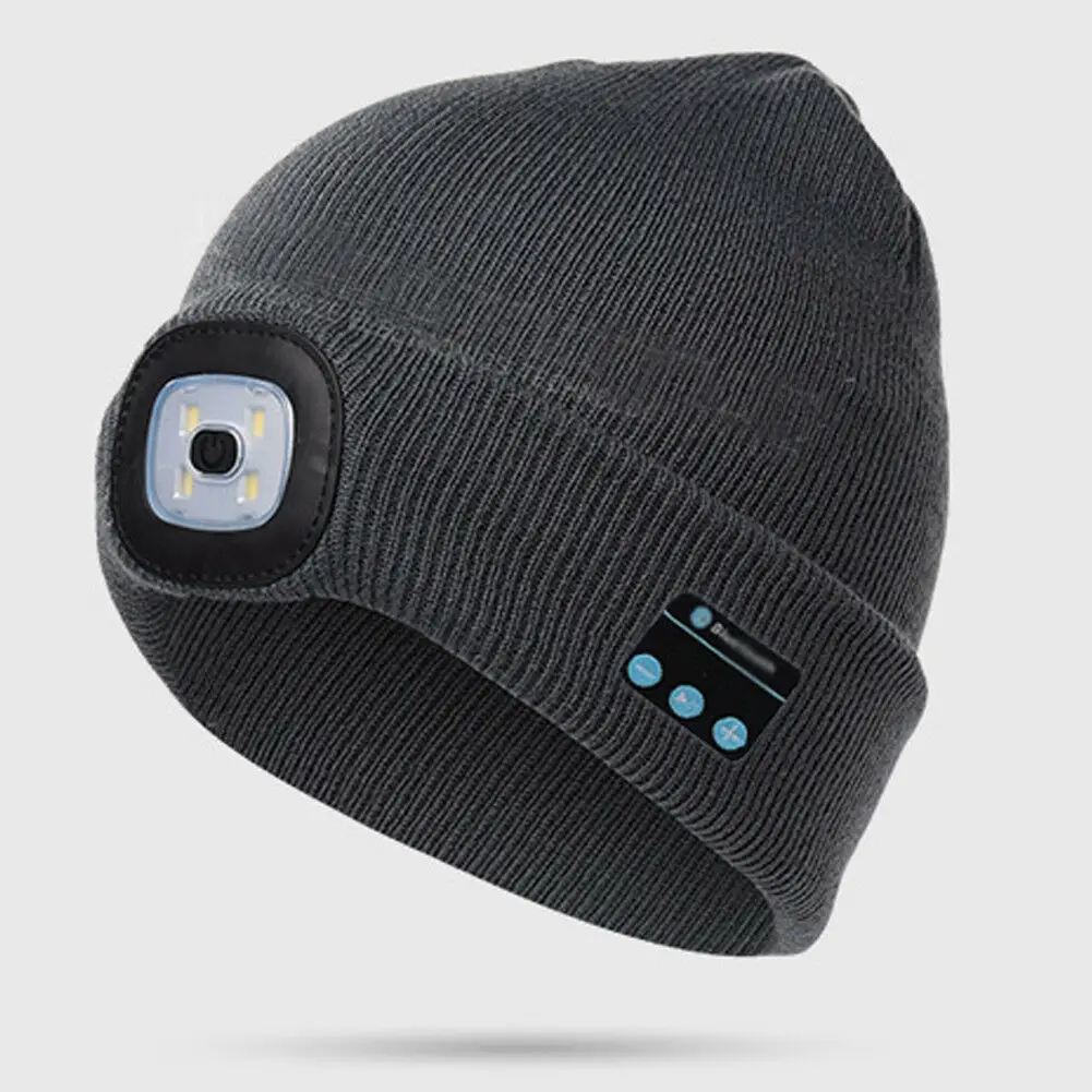 Серый Зимняя шапка бини Беспроводная Bluetooth V5.0 Смарт шапка наушники гарнитура с 4 Светодиодный светильник Handfree Музыка наушники Новинка - Цвет: Серый