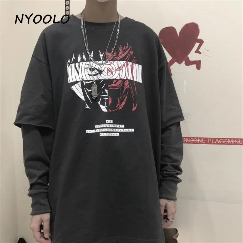 

NYOOLO Harajuku style comics Uzumaki Naruto print fake two piece patchwork hoody Autumn pullovers Sweatshirt women men cloth top