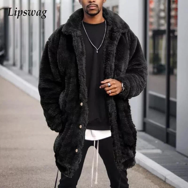 Abrigos peludos cálidos para hombre, de abrigo informal de manga larga y Color sólido, la moda, con botones y cuello vuelto, invierno, 2021|Chaquetas| - AliExpress