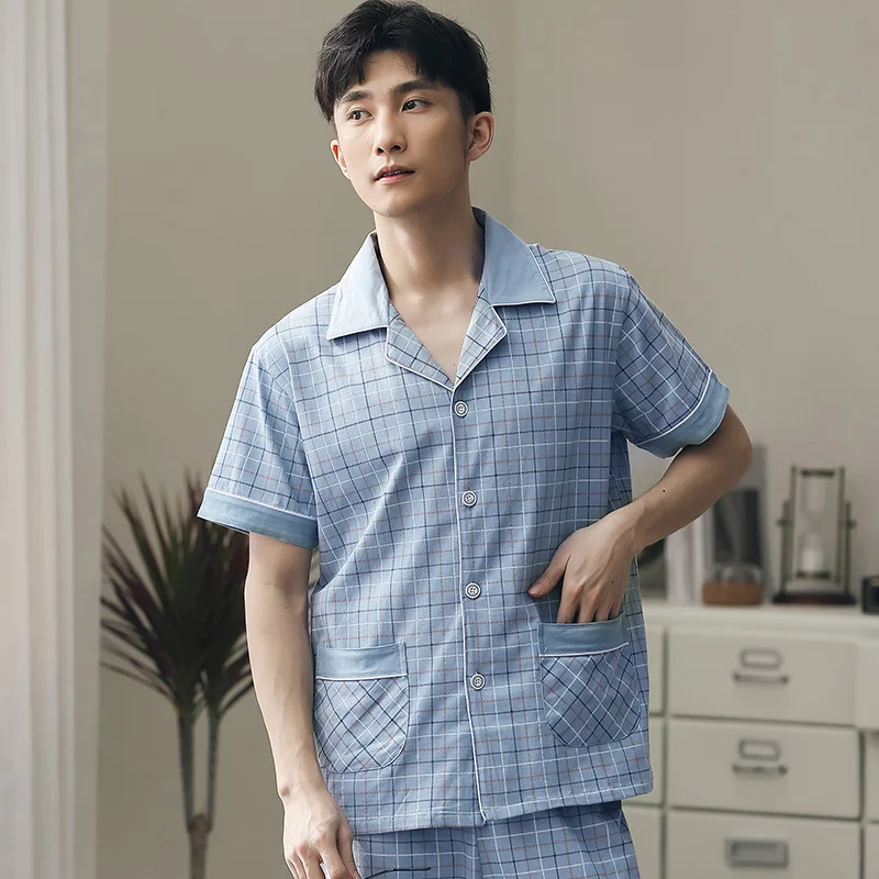 Summer 100% Cotton Pajamas Men Blue Plaid Short Sleeve Sleepwear Pyjama Homme Nightwear Home Clothes  Plus Size Pijama Hombre