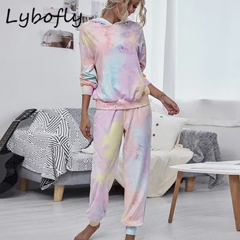 

2020 Hot Tie-dye Pajama Sets Casual Nightwear Women Autumn Long Sleeve Pocket Lady Sleepwear winter set Women's Sleep Lounge