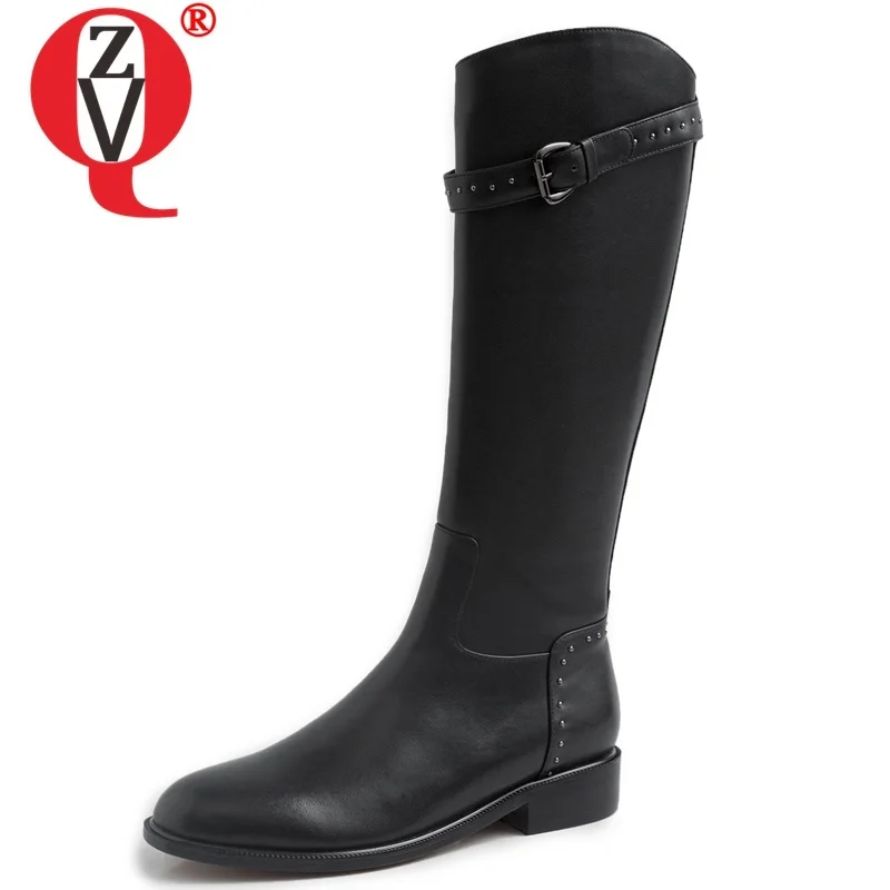 

ZVQ wonter new concise knee high boots outside comfortable low heels round toe genuine leather rivet women shoes drop shipping