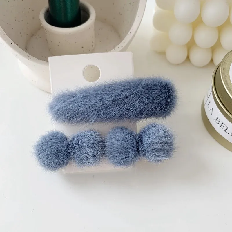 Blue Корейские зимние новые женские аксессуары для волос Меховые помпоны шарики капли воды заколки для волос наборы шпилек для волос девушки заколки для волос - Цвет: Blue