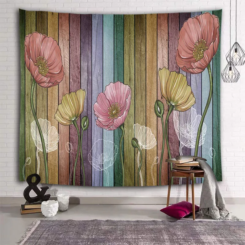 Wall Tapestry Настенный гобелен в стиле ретро с деревянной доской и цветком, красочный гобелен, Настенный декор для гостиной, спальни, общежития, домашний декор - Цвет: Wall Tapestry