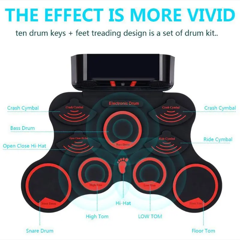 Портативный электронный барабан цифровой USB 9 подушечек ручная рулонная барабанная установка силиконовая электрическая барабанная Подушка Комплект с барабанными палочками ножная педаль
