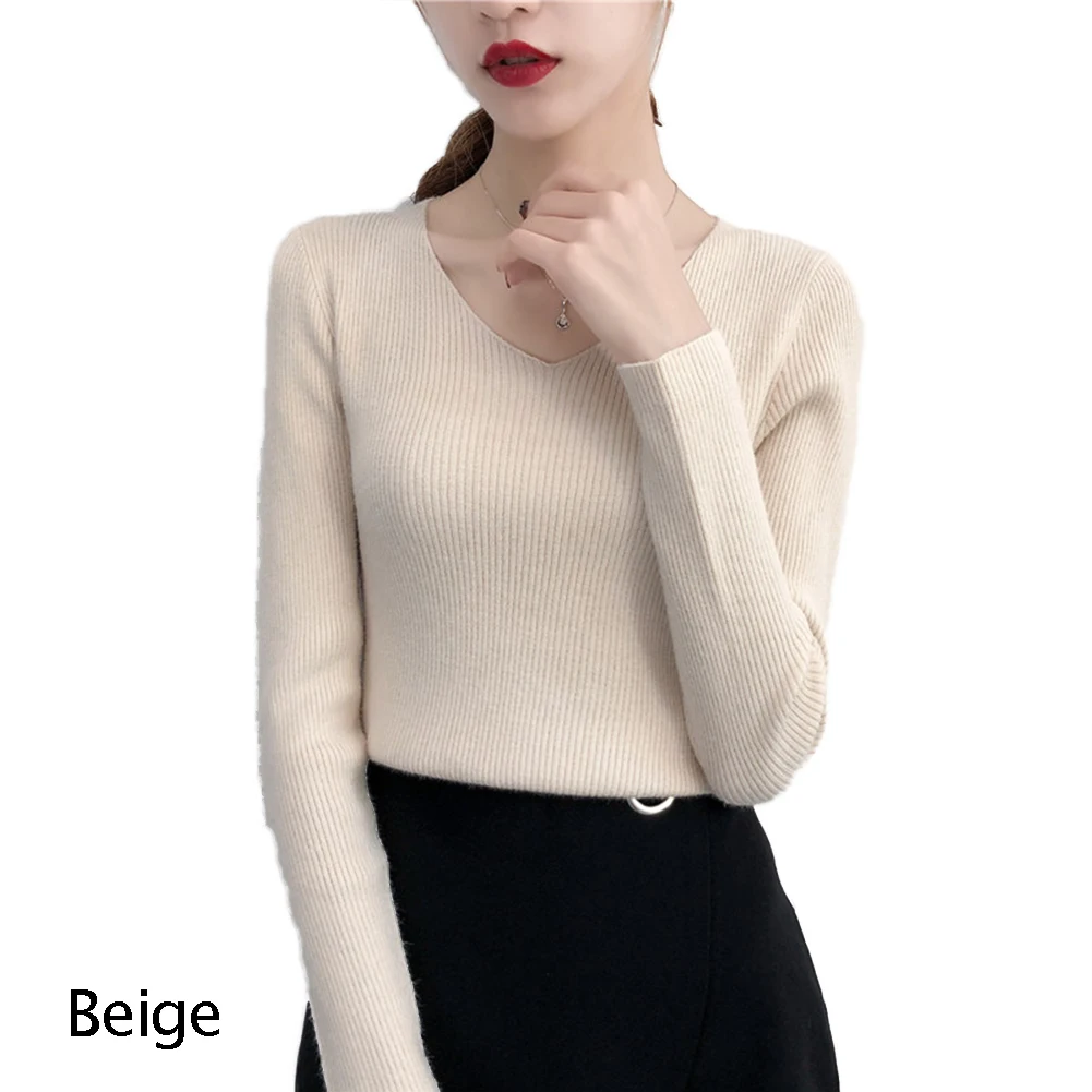 Beige Красивые женские сексуальные свитера и пуловеры с глубоким v-образным вырезом, зима, розовый серый вязаный теплый джемпер, тонкий стрейчевый женский свитер - Color: Beige