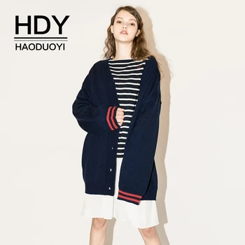 

HDY Haoduoyi Simple Leisure College Style Striped Cuffs Letter Embroidery Loose Size Knit Cardigan Soft Warm Sweater Women
