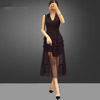 

CBAFU sleeveless designer runway patchwork party dress women notched collar black mesh see throught long dresses gauze F305