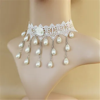

Korean White Black Pearl Lace Pendant Necklace For Women Wedding Bridal Fashion Haandmade Rose Statement Necklace Jewelry