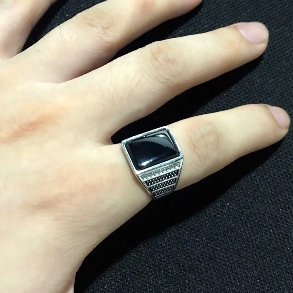 Guaranteed Silver s925 Vintage Mens Rings Natural Black Stone Turkey Ring For Gentlemen Micro Zircon Paved Turkish Jewelry