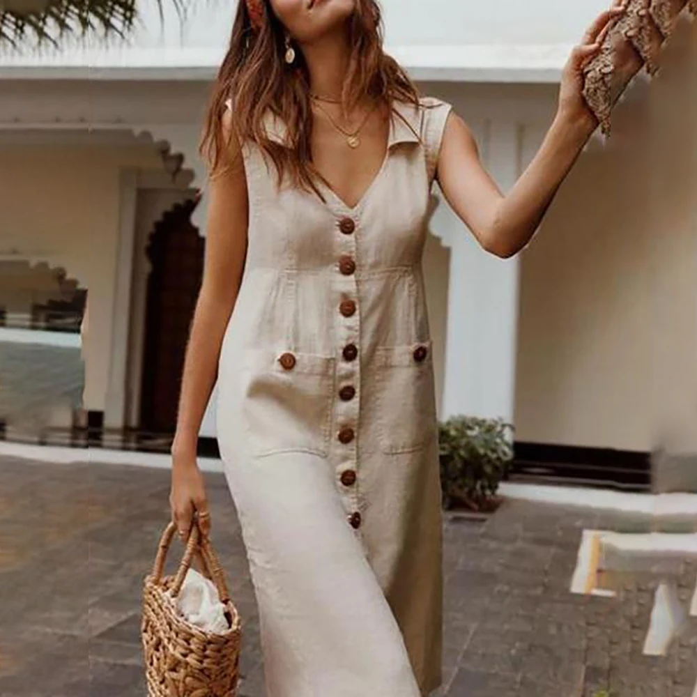 LITTHING летнее платье на пуговицах в стиле бохо с v-образным вырезом и талией размера плюс повседневное однотонное платье миди без рукавов с v-образным вырезом и карманами - Цвет: A beige