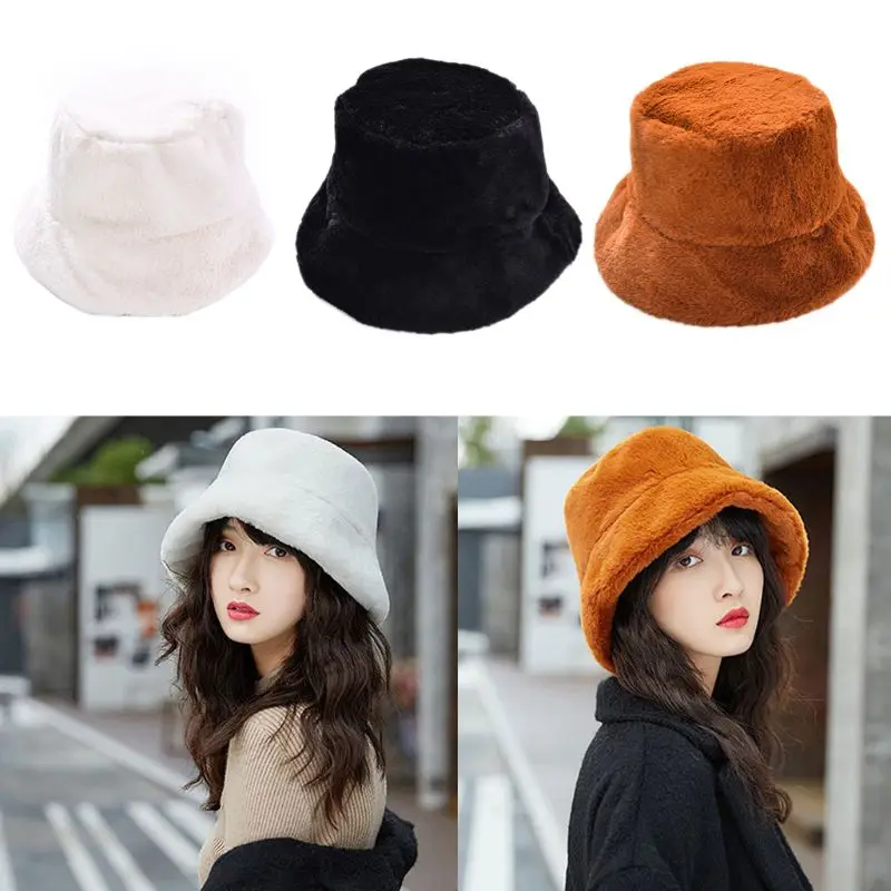 straw bucket hat womens 2020 Womens Winter Thicken Fluffy Plush Fisherman Cap Solid Color Wide Brim Sun Hat white bucket hat