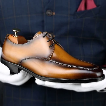 

New Classic Genuine Leather Men's Handmade Wedding Oxfords Square Toe Laces Man Formal Dress Party Derby Shoes For Male HKN185