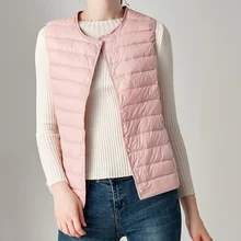 Осень-зима светильник вес белая утка пуховой жилет Для женщин с О-образным вырезом Ультра светильник Теплый жилет женский пальто без рукавов размера плюс