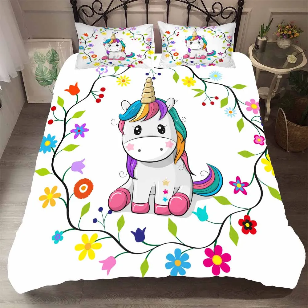 

BEST.WENSD Comforter Bedding Sets Flower Unicorn Bedding Set Cartoon Duvet Cover+Pillowcases Full Twin Kids Single Double Bed