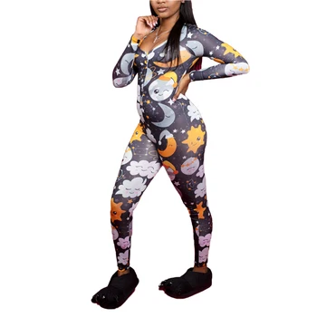 

Women Pajamas Jumpsuit Winter Full Length Regular Sleeve Big Open Round Neck Printed Polyester Stylish Pajamas Jumpsuit