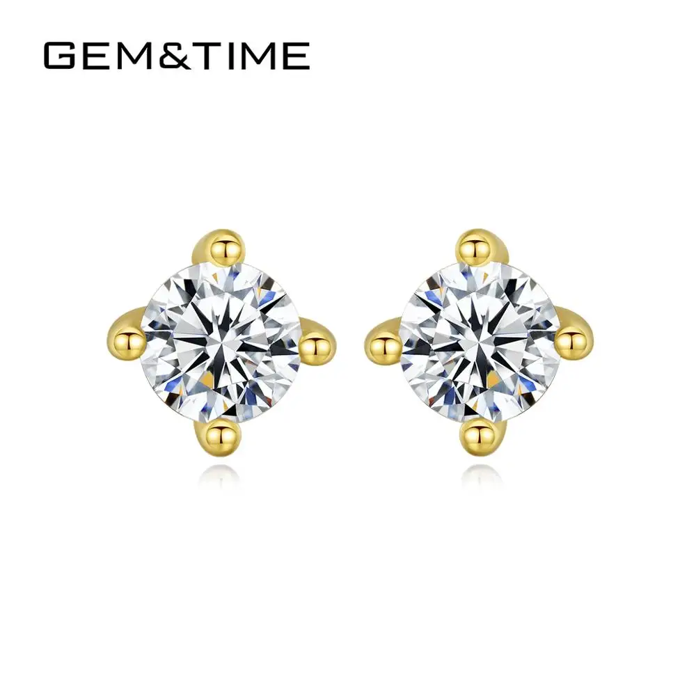 Gem& Time, чистое золото 14 к, 4 зубца, белые серьги с цирконием кубической огранки для женщин, серьги для свиданий, желтое золото, хорошее ювелирное изделие, подарок E14136
