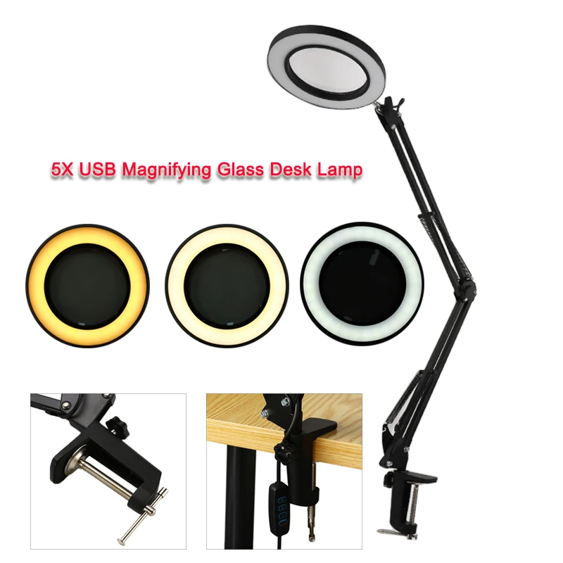 

5X USB Magnifying Glass With LED Light Flexible Table Clamp Third Hand Soldering/Reading/Jewelry Magnifier Desk Lamp