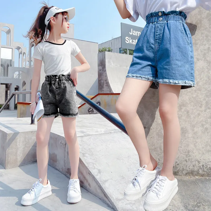 Pantalones cortos de algodón con dos botones niña adolescente, ropa de cintura alta para niño, pantalones cortos vaqueros de estilo informal para escuela - AliExpress Madre y niños