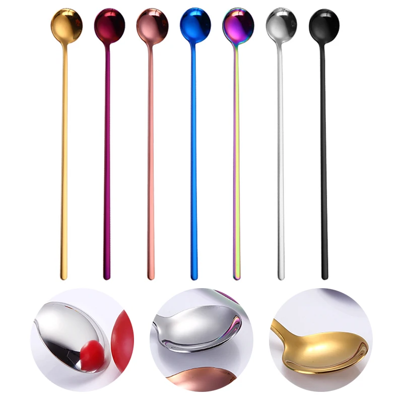 YOMDID Colorful Stainless Steel Long Handle Spoons Creative Korean Cold Drink Ice Cream Coffee Tea Stir Spoon Bar Kitchen Tool