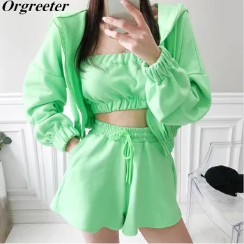 

Tracksuits Women Summer 2020 New Green Hoodies Sweashirt Jacket +Tube top + Shorts 3 Piece Sets Casual sports Suits Female